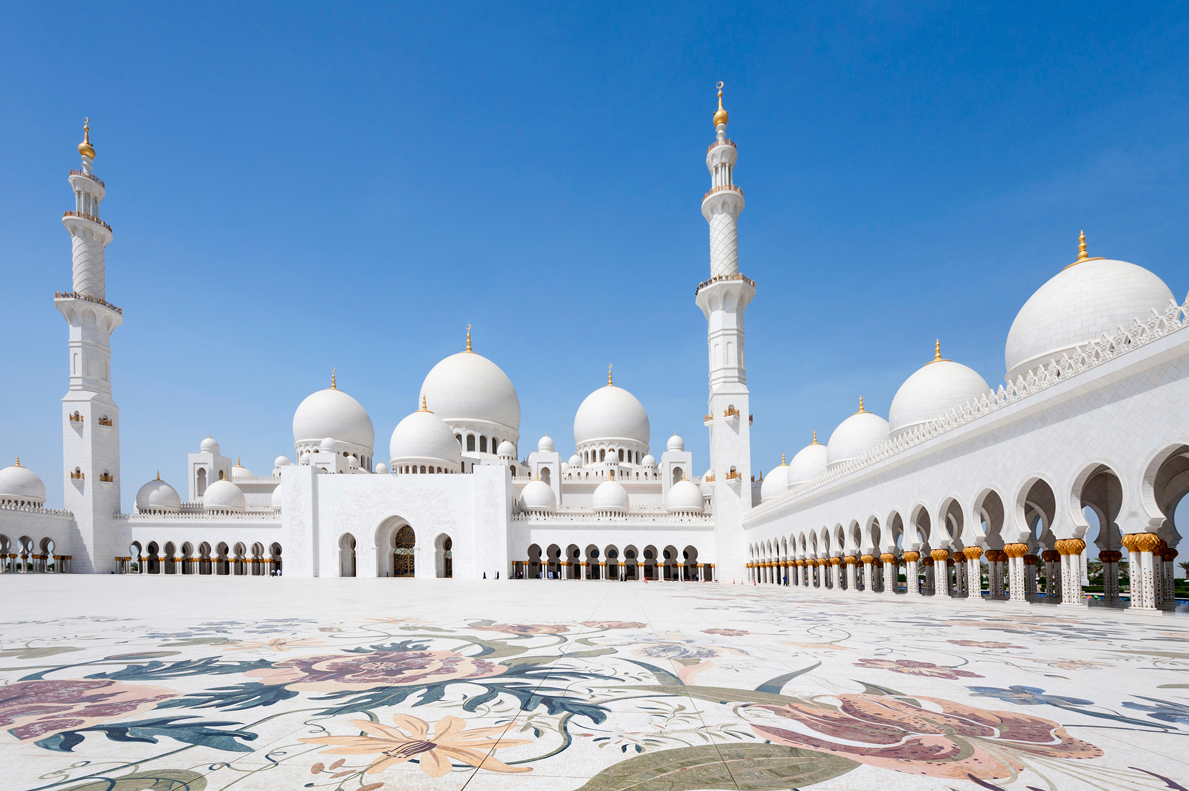 View of ornate courtyard of Sheikh Zayed Grand Mosque in Abu Dhabi United Arab Emirates