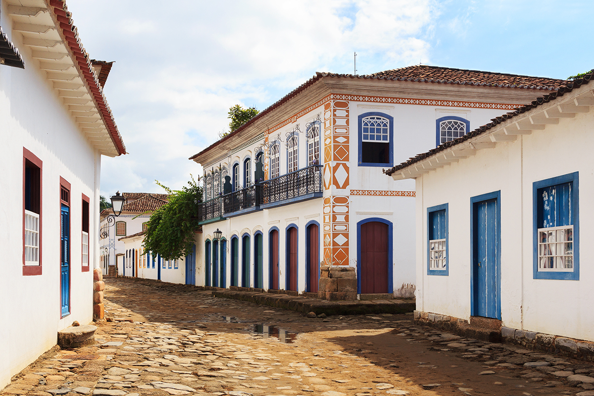 Street and old portuguese colonial houses in historic downtown in Paraty state Rio de Janeiro Brazil